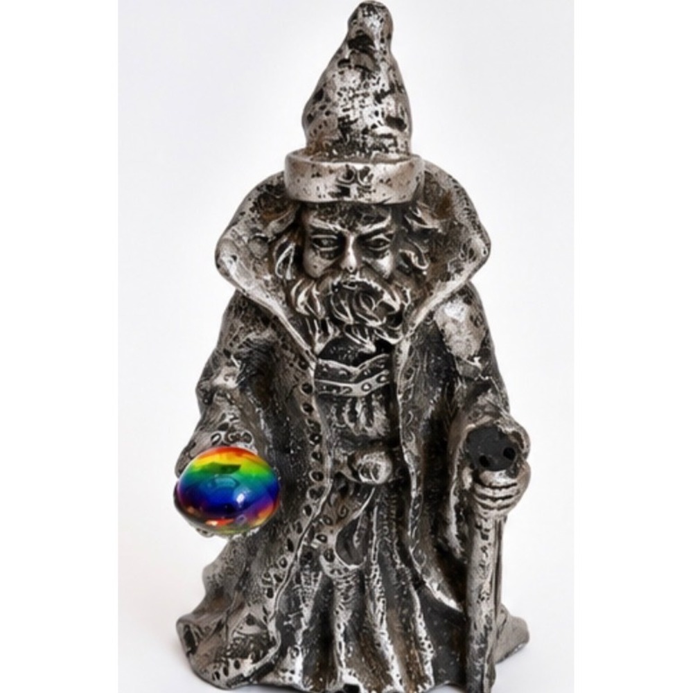 Vintage Pewter Tone Wizard Figurine with Rainbow Crystal Ball 3.5 Inch Fantasy
